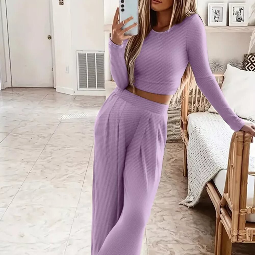 Casual Long Sleeve Crop Top and Wide Leg Pants Set